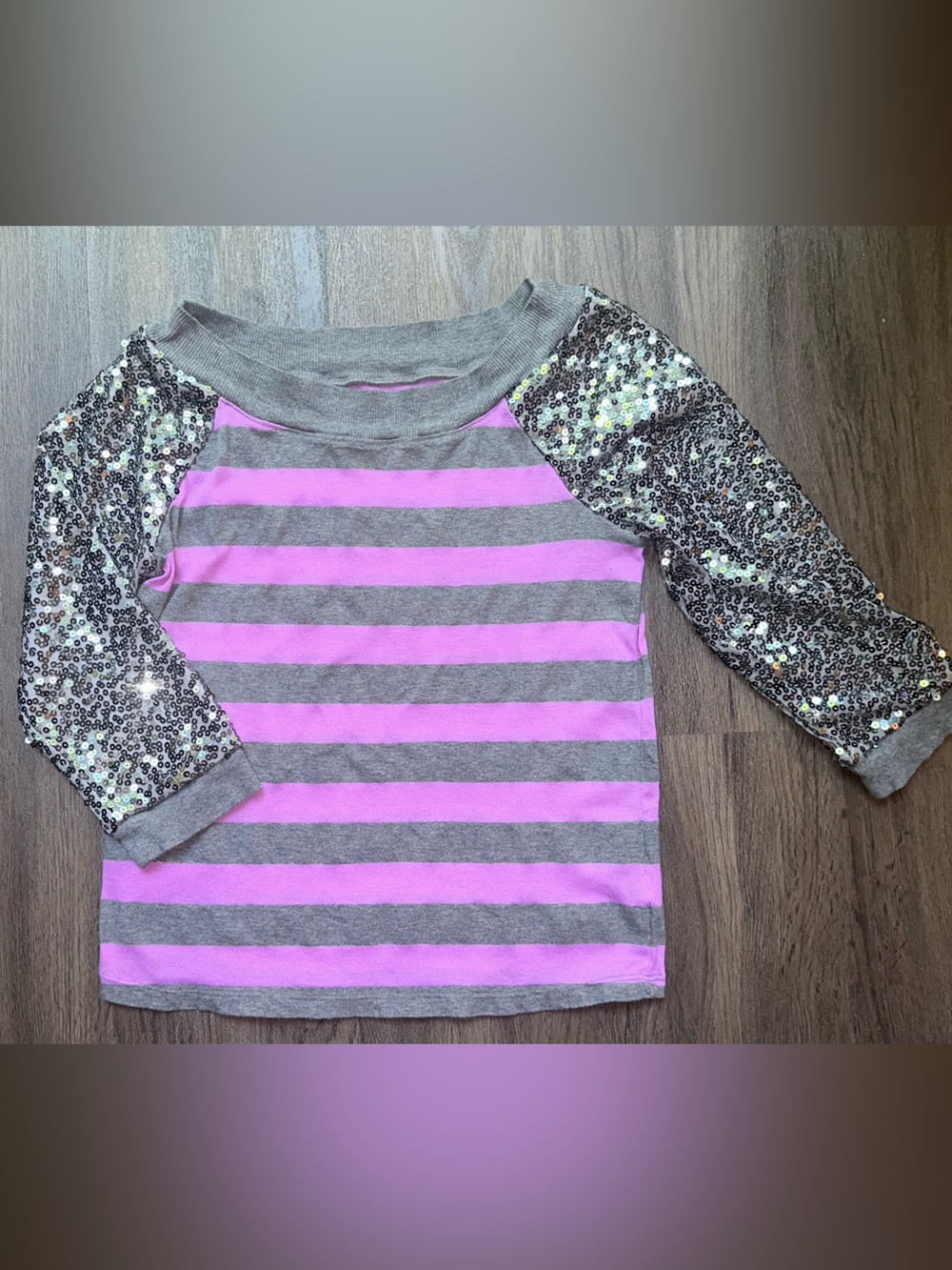 Justice Girls' Striped Sequin Sleeve Top - Gray & Purple 14